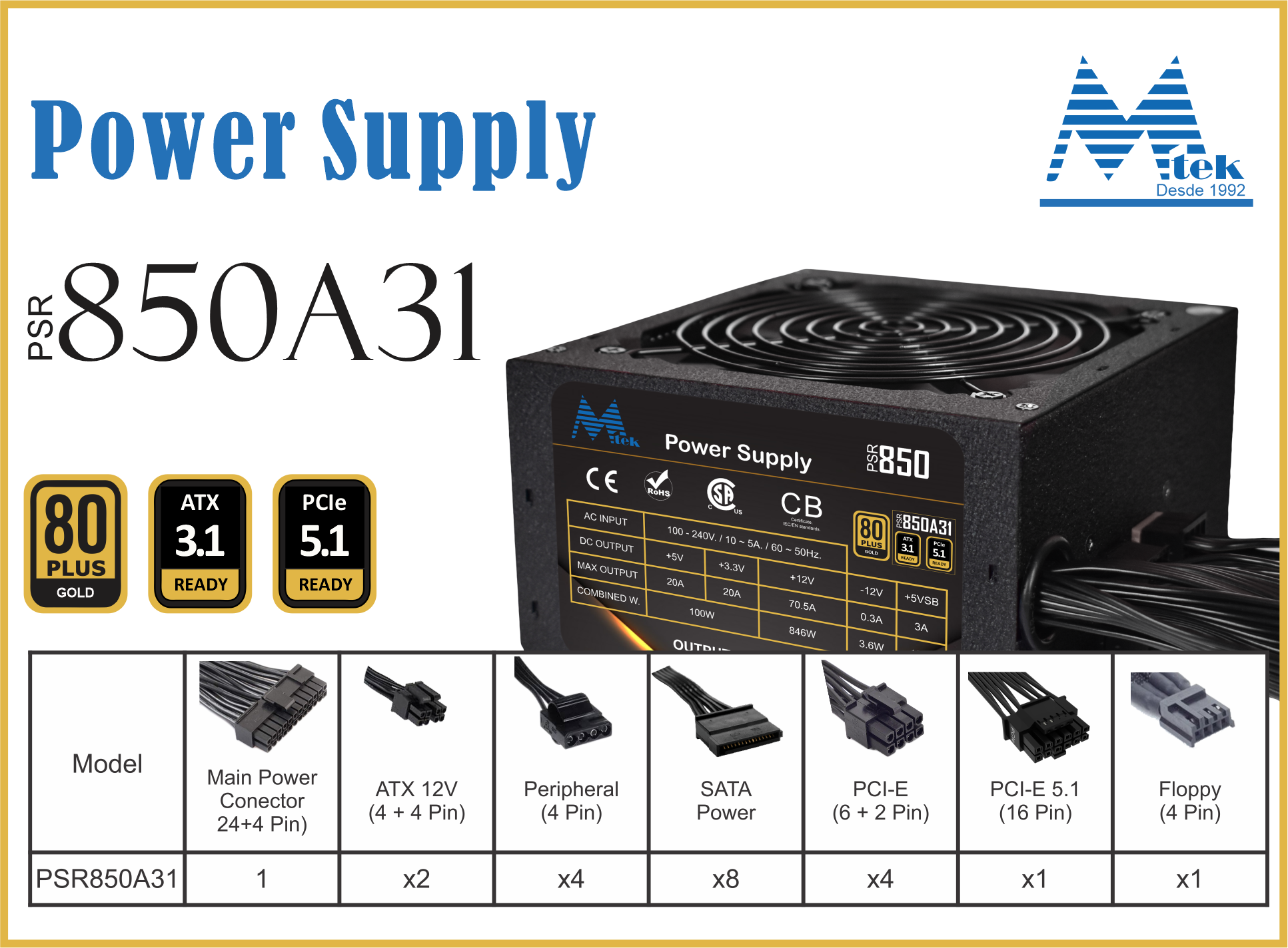 Fuente 850W 80Plus GOLD - PSR-850A31